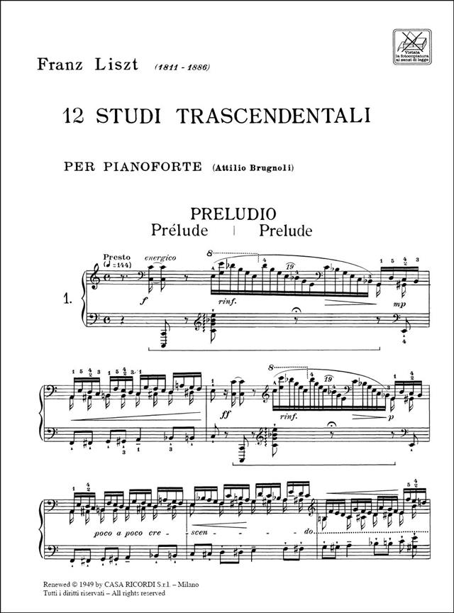 12 Studi Trascendentali - Ed. A. Brugnoli - Per Pianoforte - pro klavír